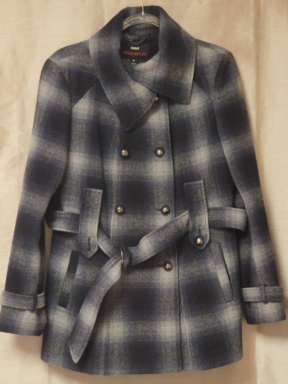 Miss Sixty M60 Blue Grey Plaid Wool Blend Double Breasted Peacoat Jacket Large